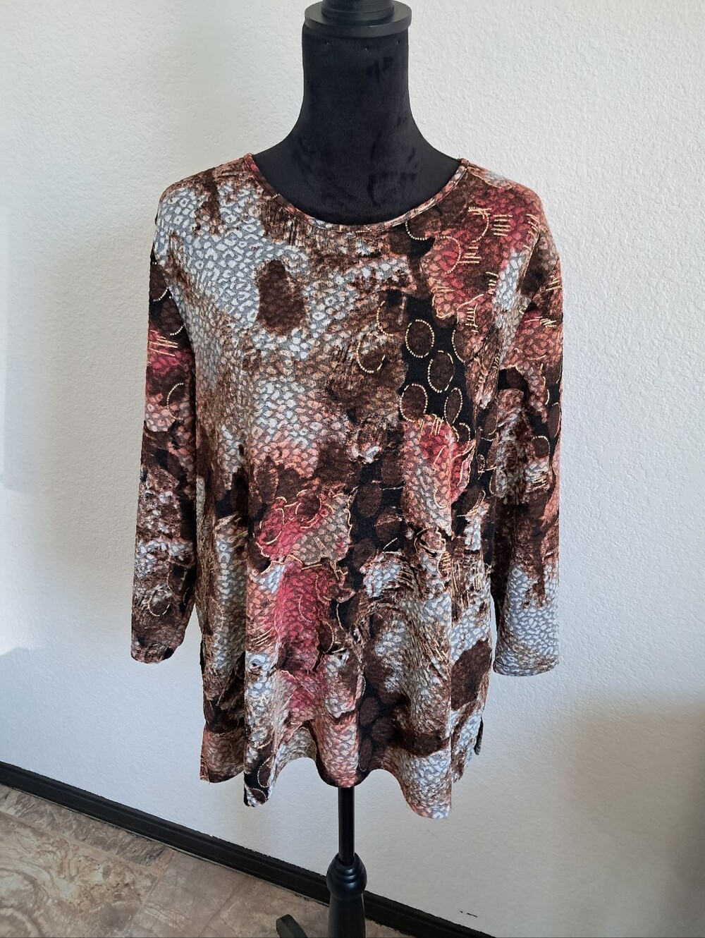 Allison Daley Abstract Textured  Blouse Multicolor 3/4 Sleeve Artsy Boho